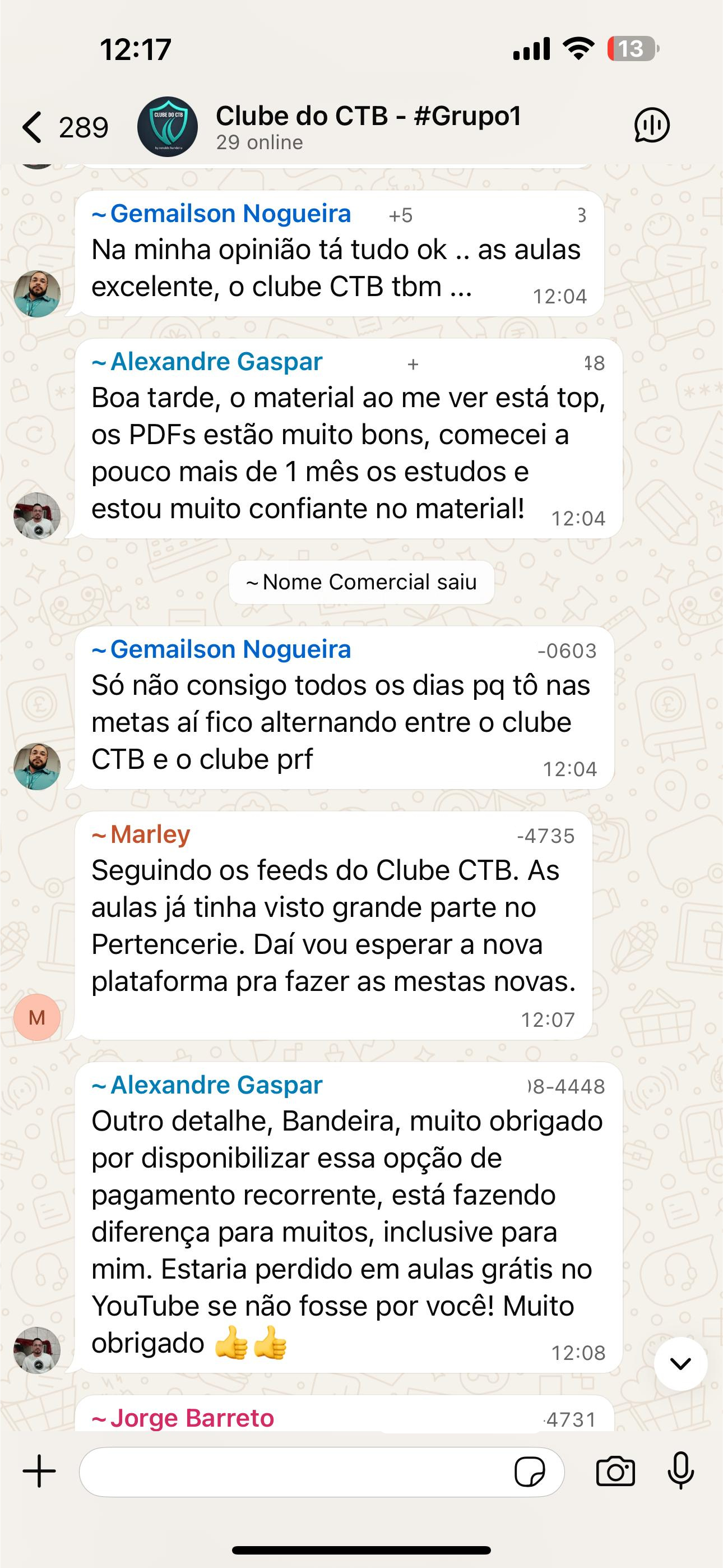 Mensagem de aluno elogiando o Clube do CTB no WhatsApp