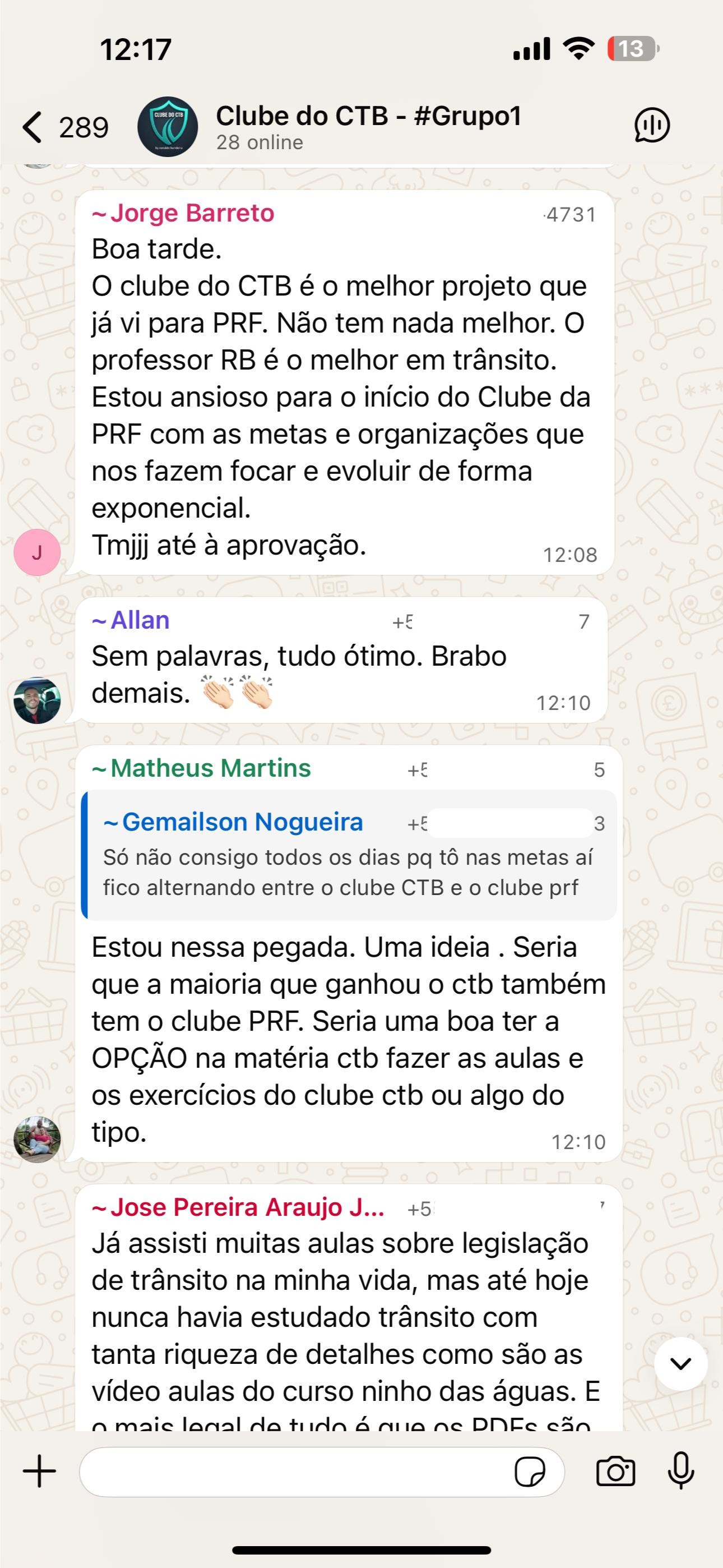 Mensagem de aluno elogiando o Clube do CTB no WhatsApp