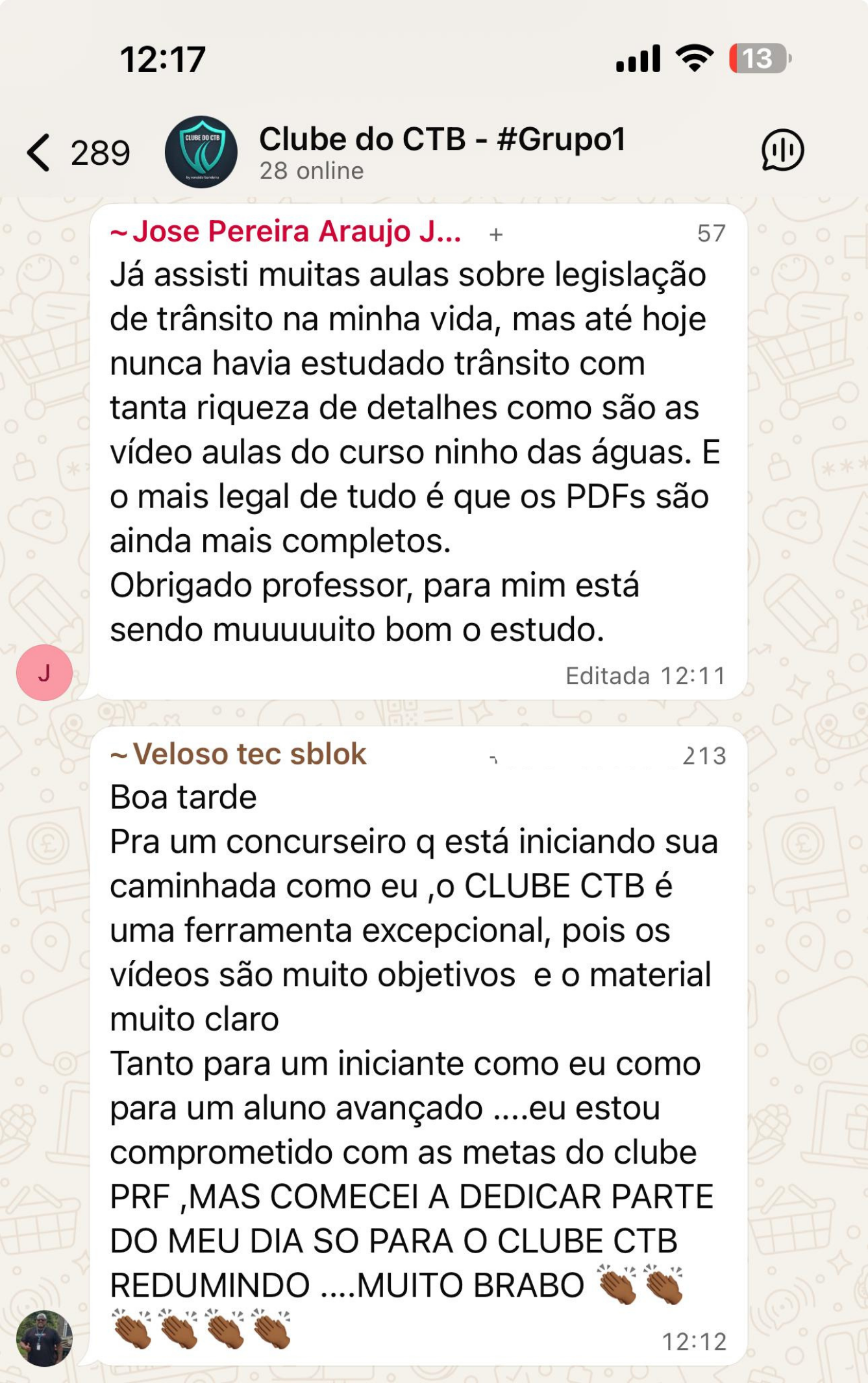 Mensagem de aluno elogiando o Clube do CTB no WhatsApp
