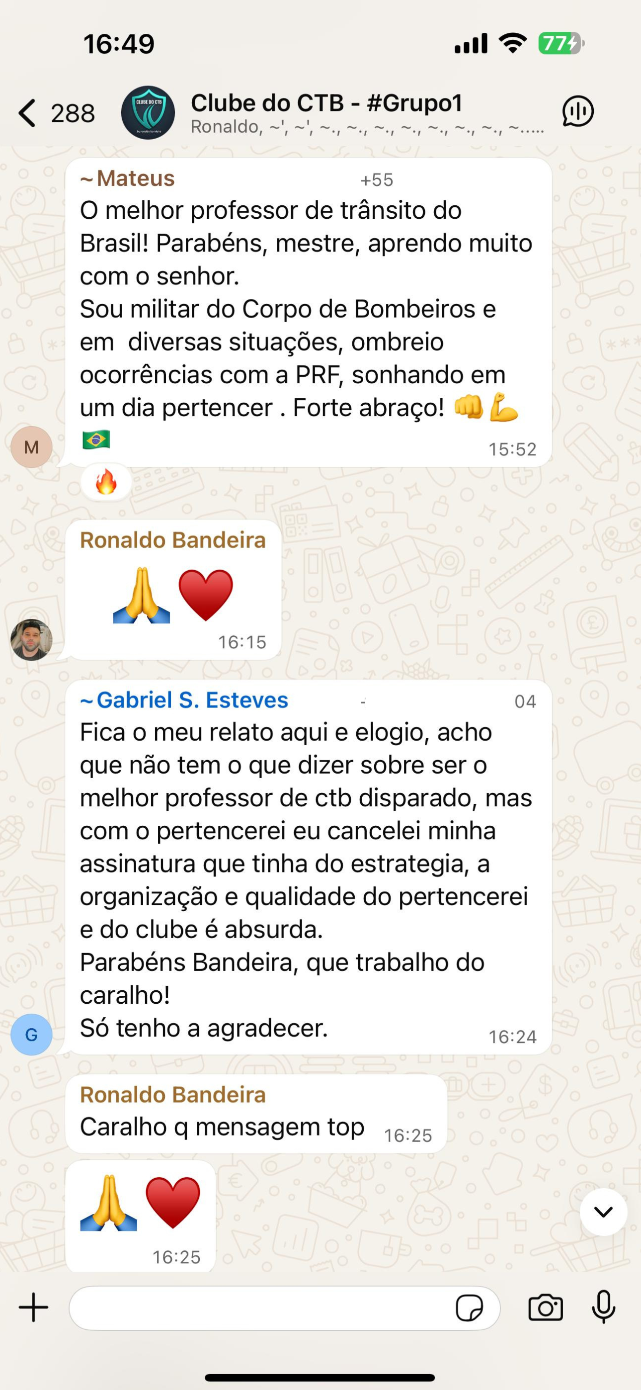 Mensagem de aluno elogiando o Clube do CTB no WhatsApp